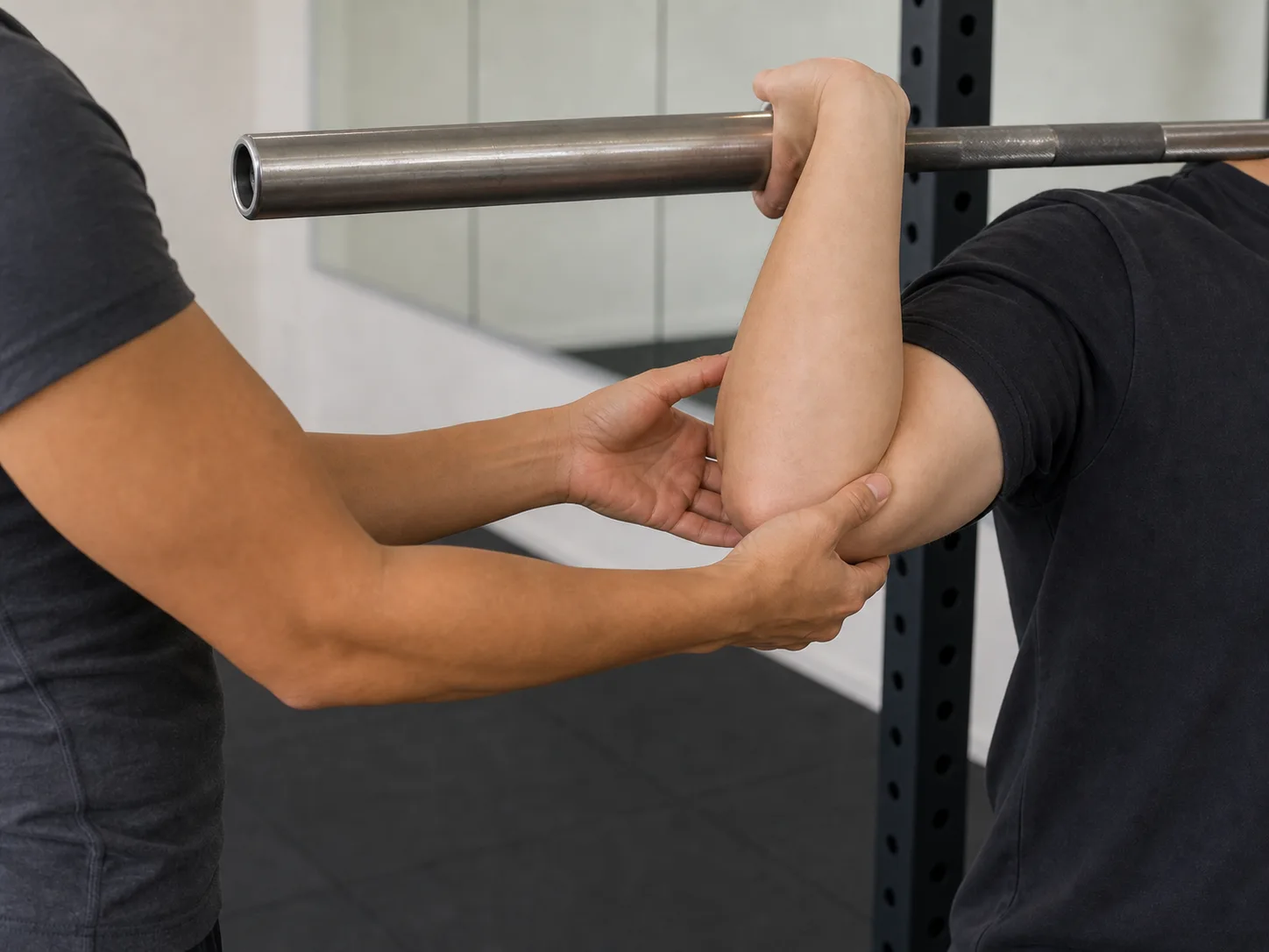 Fon's hands setting a client's elbow position under a bar