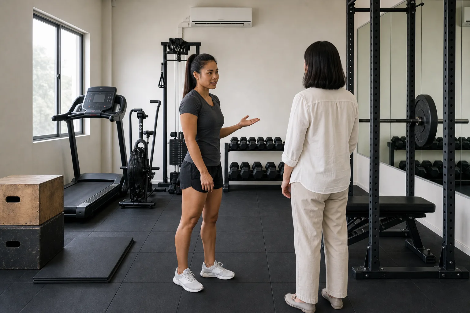 Fon talking with a visitor in street clothes on the open floor of her studio, nobody training