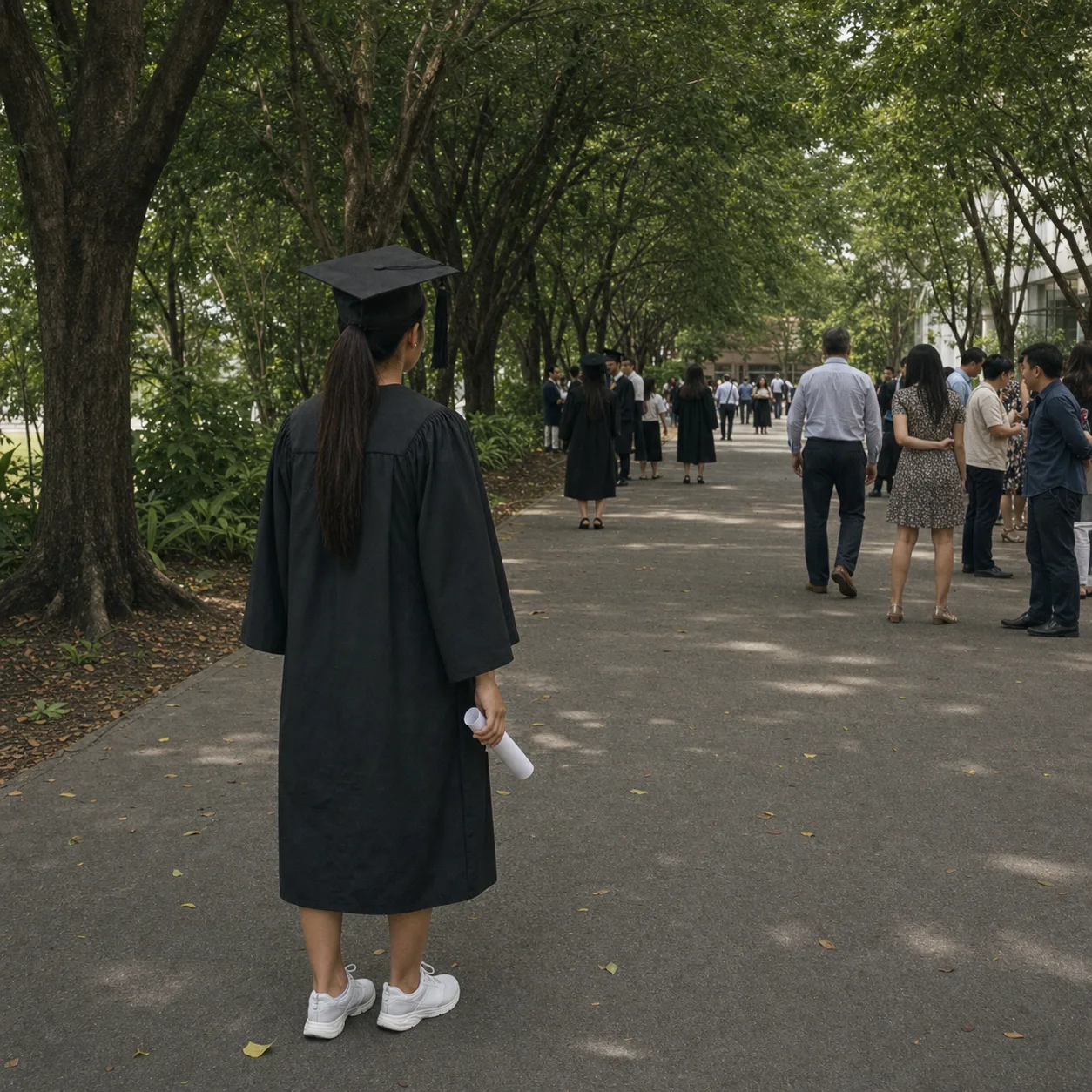 Fon walking away down a tree-lined path on graduation day, in gown and mortarboard with her certificate