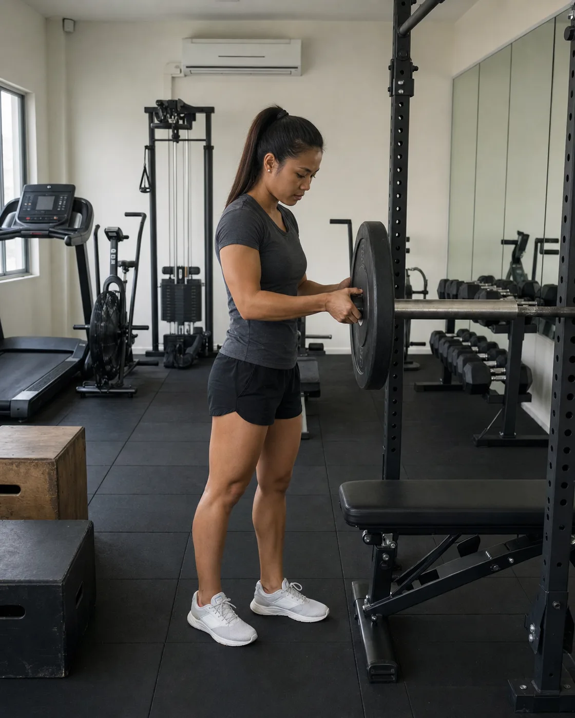 Fon loading a plate onto the barbell in her training room, before a session