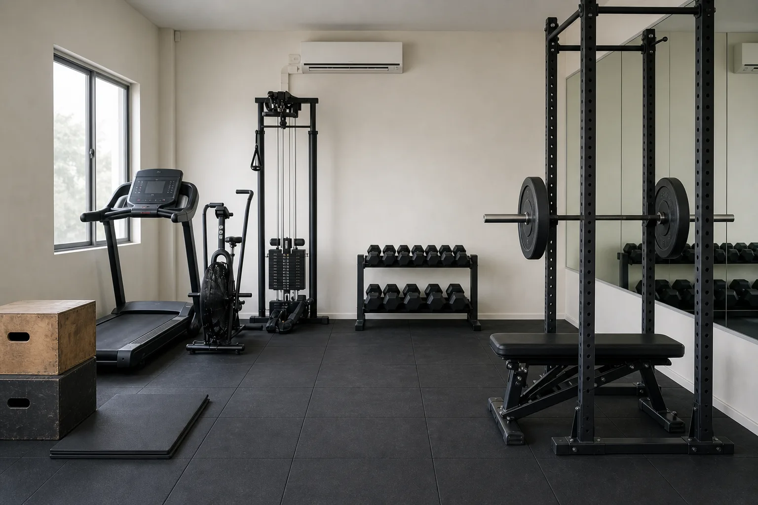 The training room seen from the door: rack, bench, dumbbells, cable machine and mirror wall